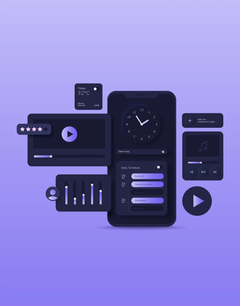 Dark-mode UI illustration showing a smartphone surrounded by floating interface components, including a clock, media player, schedule cards, sliders, rating stars, and playback controls, arranged in a modular, bento-style layout on a purple background.