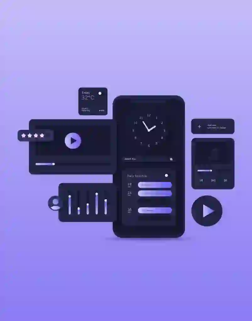 Dark-mode UI illustration showing a smartphone surrounded by floating interface components, including a clock, media player, schedule cards, sliders, rating stars, and playback controls, arranged in a modular, bento-style layout on a purple background.