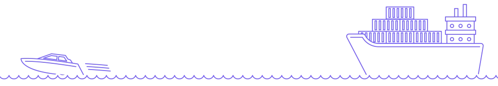 A purple line art illustration on a white background showing a small, fast motorboat speeding across waves on the left, set against a large container ship loaded with cargo on the right.