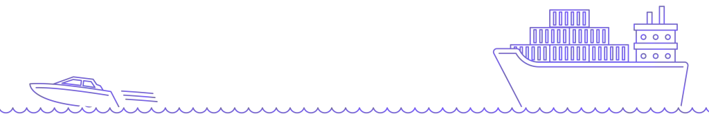 A purple line art illustration on a white background showing a small, fast motorboat speeding across waves on the left, set against a large container ship loaded with cargo on the right.