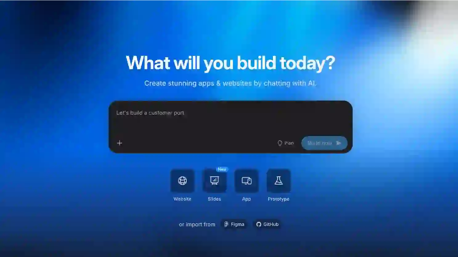A screenshot of an AI app generator interface on a blue gradient background, featuring a text prompt box reading "Let's build a customer portal".
