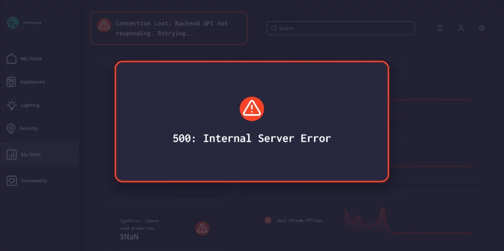 A dark-mode analytics dashboard showing widespread system failures, featuring a prominent central pop-up modal displaying a 500 Internal Server Error message regarding an exhausted database connection pool.