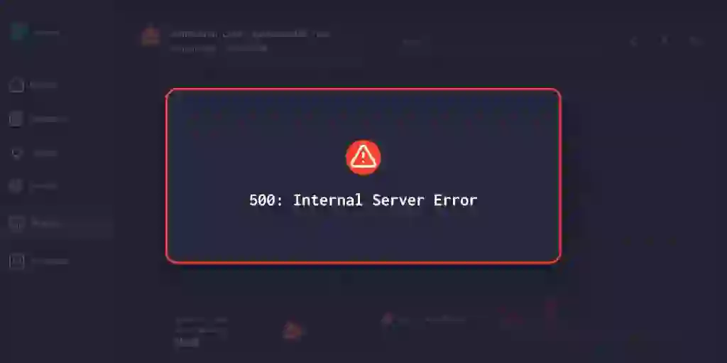 A dark-mode analytics dashboard showing widespread system failures, featuring a prominent central pop-up modal displaying a 500 Internal Server Error message regarding an exhausted database connection pool.